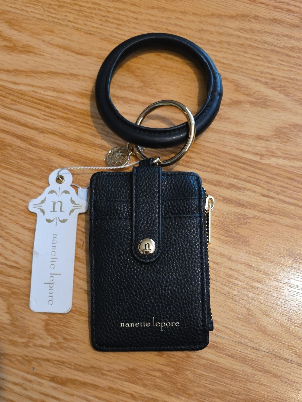 Nanette Lepore Black Leather Wristlet Key Ring Card Case with Gold Hardware